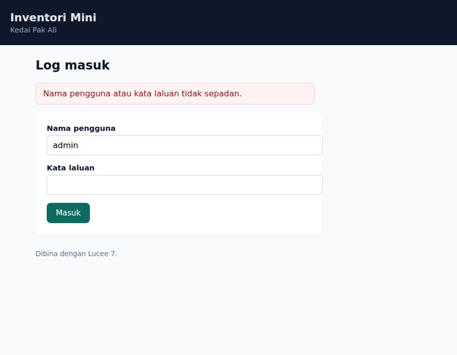 Halaman log masuk dengan mesej ralat yang sama untuk semua kes
