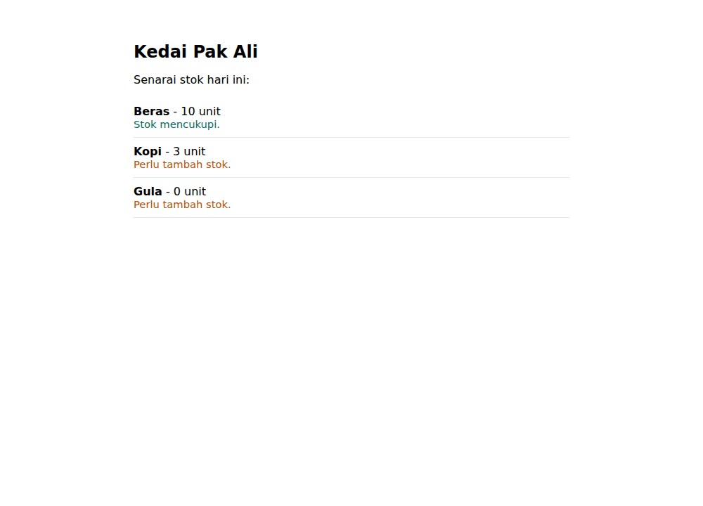 Halaman stok dengan tiga status berbeza