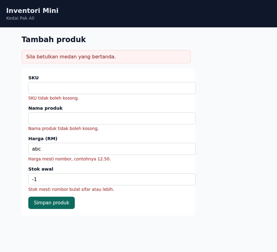 Borang dengan mesej ralat di sebelah setiap medan