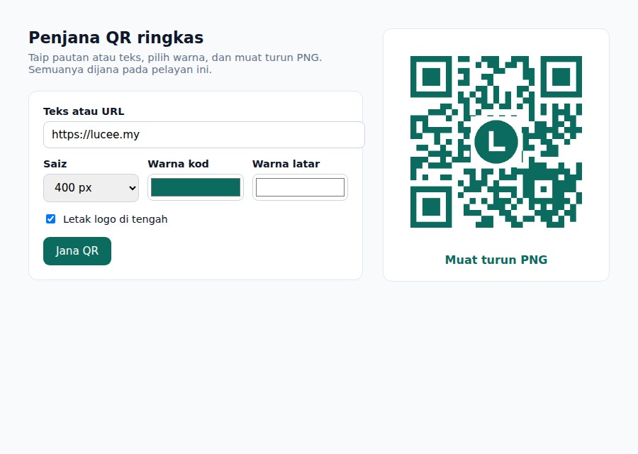 Penjana QR ringkas: borang di kiri, pratonton dan muat turun di kanan